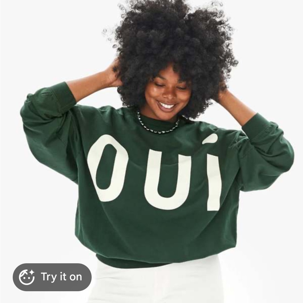Clare V Oversized Forest Green "OUI" Graphic Sweatshirt XL